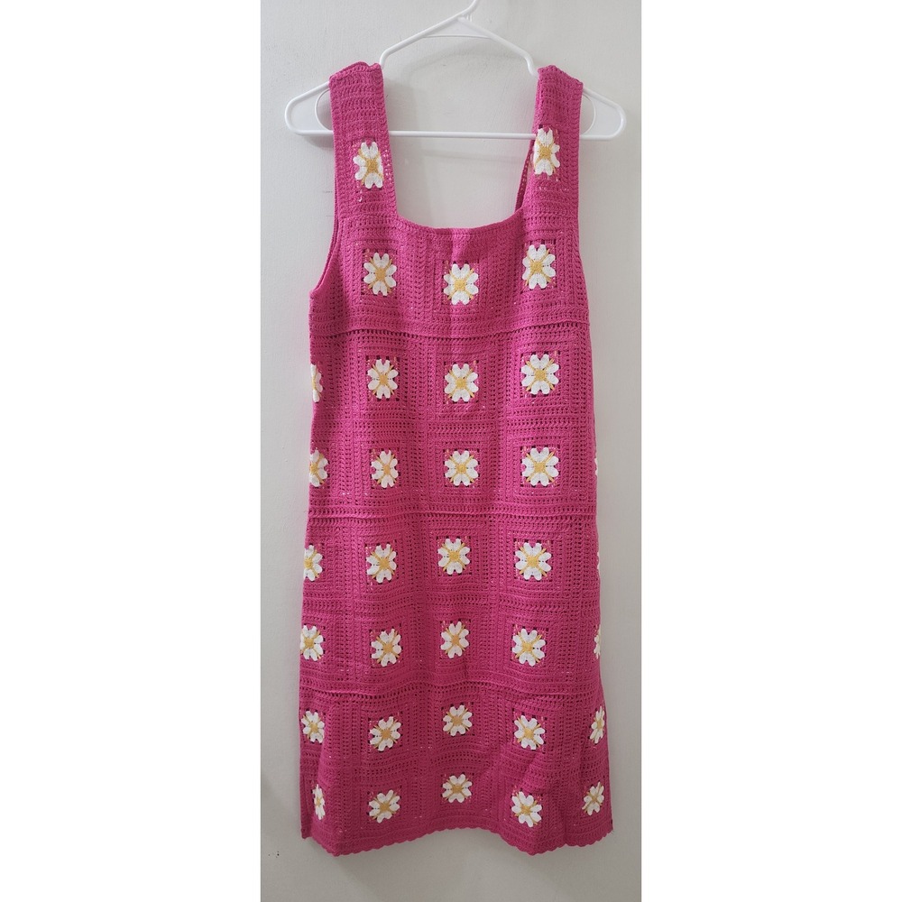 Kings Road Pink Crochet Daisy Granny Square Midi Dress Womens Medium 2114700 NWT